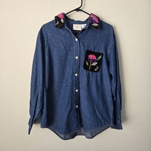 Susan Bristol Denim Floral Beaded Velvet Collar Button Up Shirt Whimsygoth